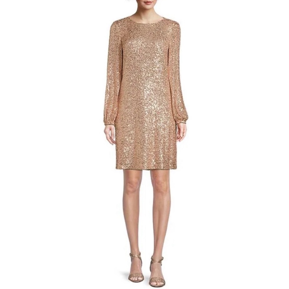 Preston & York Jewel Neck Long Sleeve Gold Sequin Dress Size 6 NWT